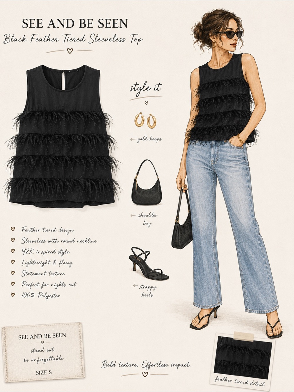 See and Be Seen Black Feather Tiered Sleeveless Y2K Style Top Size S